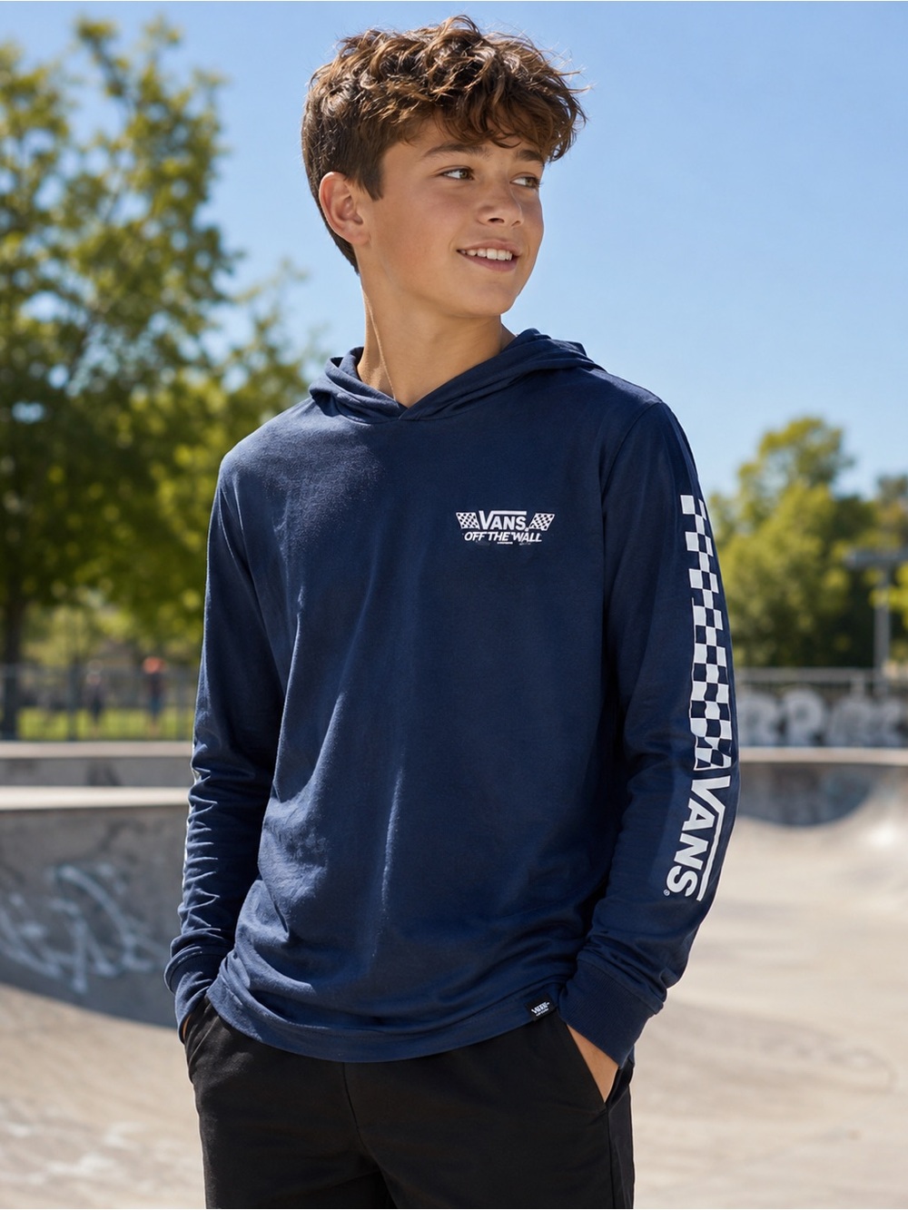 Vans Off The Wall Boys Navy Lightweight Hooded Long Sleeve T-Shirt Kids M 3/$30